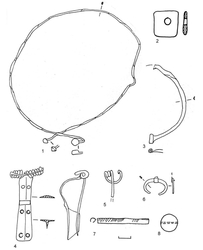 Рис. 11. Материалы могильника Рахны. 1, 2, 4 – погр. 10; 3, 5–8 – погр. 12; 1–7 – изделия из бронзы; 8 – обожженная сердоликовая бусина (по: Позднезарубинецкие памятники..., 2010, рис. 26).